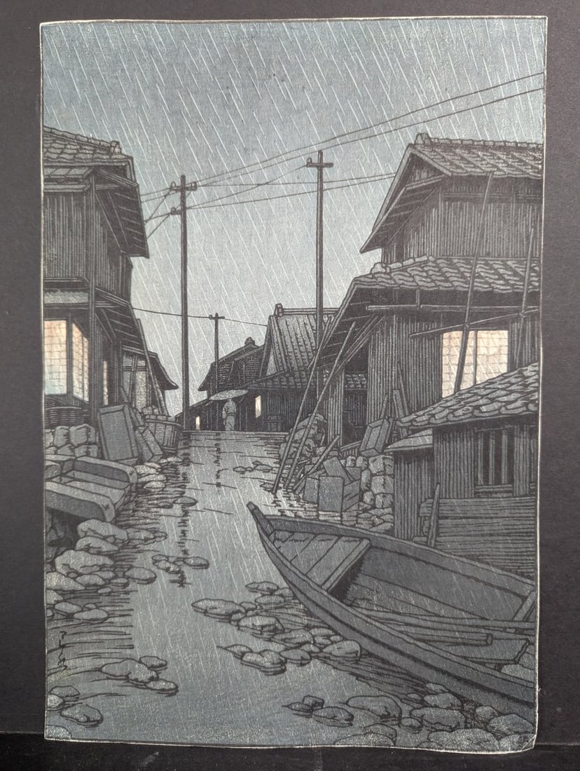 Japanese Woodblock Print 'Rain at Ominato, Sado' by Kawase Hasui: **Important** Please read below description on how to avoid high shipping costs. Experience the serene beauty of Kawase Hasui's 'Rain at Ominato, Sado,' a Japanese woodblock print that captures the at