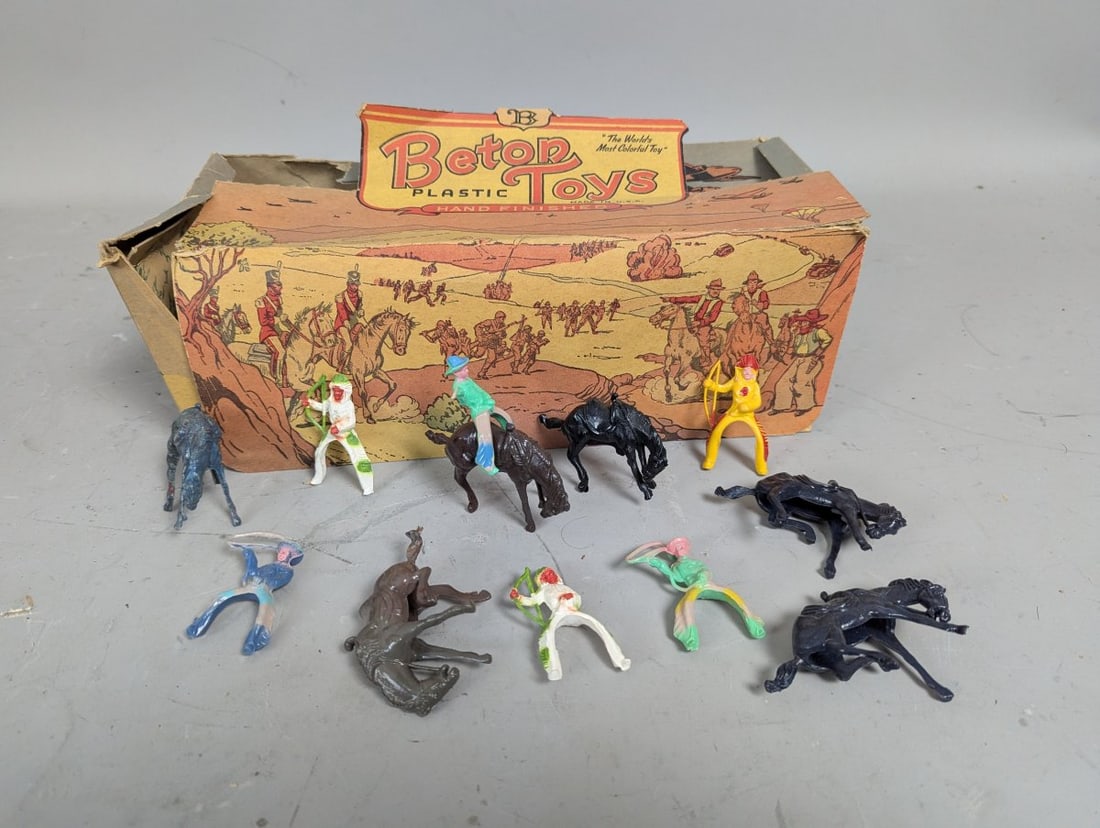 Vintage Beton Plastic Toy Figures with Original Store Display Box from Bergen Toy: **Important** Please read below description on how to avoid high shipping costs. Bid on this unique collection featuring a vintage cardboard store display box for Beton plastic toys, which measures 5 