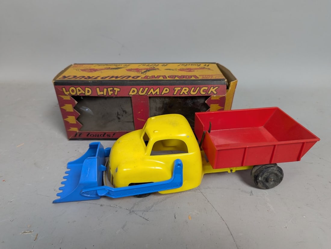 B-Line Toys Load Lift Dump Truck No. 250 with Original Box Vintage Collectible: **Important** Please read below description on how to avoid high shipping costs. Discover this classic B-Line Toys Load Lift Dump Truck No. 250, measuring 10 1/2 x 4 x 4 1/2 inches. This vintage toy,