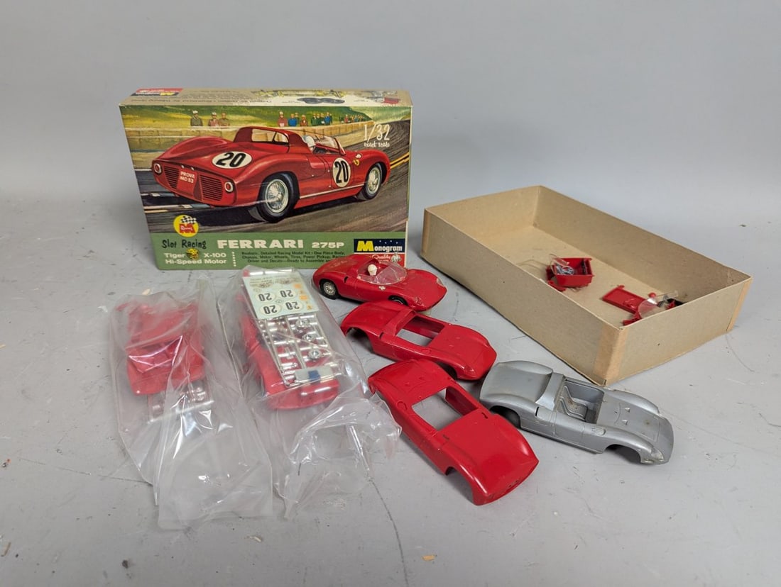Monogram Ferrari 275P Slot Car Model Kit Lot 1/32 & 1/24 Scale Parts for Collectors: **Important** Please read below description on how to avoid high shipping costs. This is a mixed lot of vintage model car kits and parts. The primary item is a Monogram Slot Racing Ferrari 275P (Kit