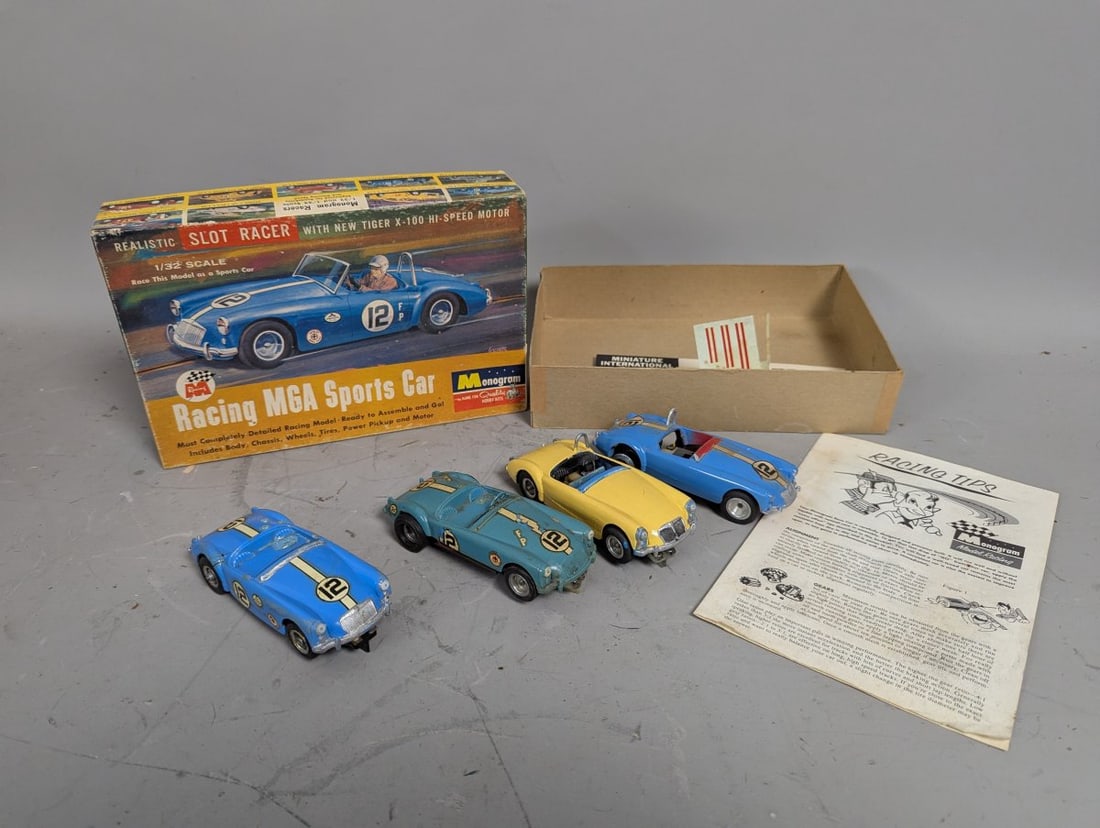 Monogram 1/32 Scale MGA Sports Car Lot with 4 Assembled Cars and Original Box: **Important** Please read below description on how to avoid high shipping costs. For auction is a unique collection featuring a box with 4 built cars. As found, this lot includes the original