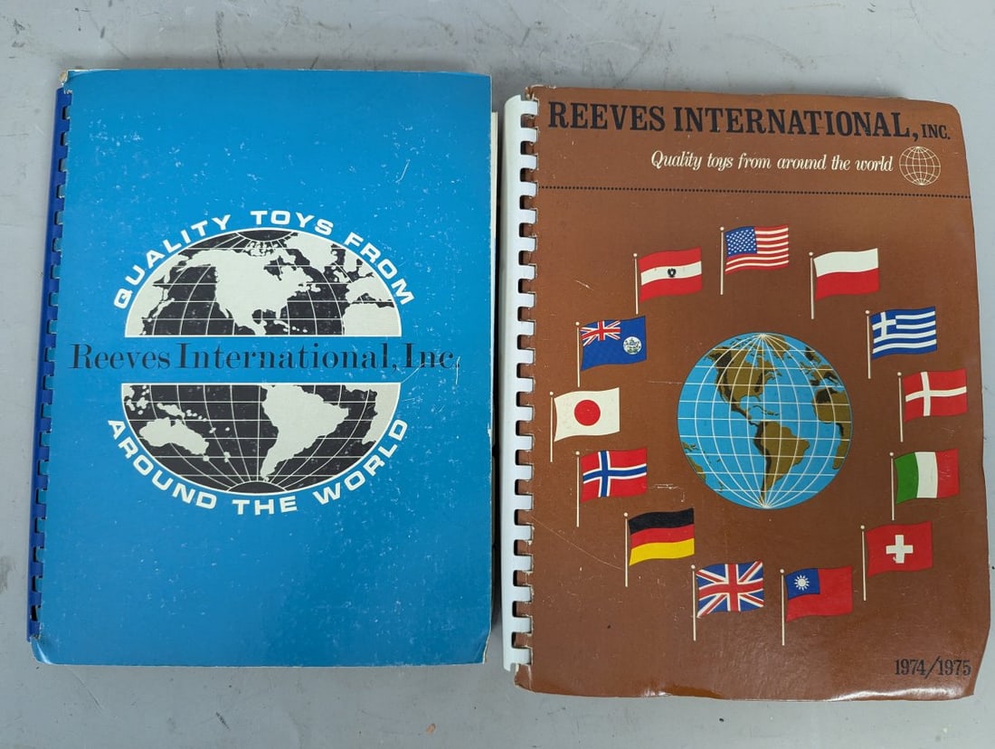 Vintage Reeves International Toy Catalogs Collection from the 1970s - Rare Finds: **Important** Please read below description on how to avoid high shipping costs. Explore a unique collection of two vintage Reeves International toy catalogs, each measuring approximately 9 1/2 x 12 x