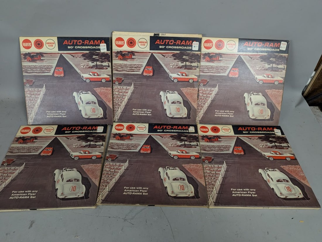 Lot of 6 Gilbert American Flyer Auto-Rama 90 Degree Crossroads Track Accessories Gray Black NOS: **Important** Please read below description on how to avoid high shipping costs. Unlock a piece of history with this collection of six Gilbert American Flyer Auto-Rama 90Â° Crossroads track 