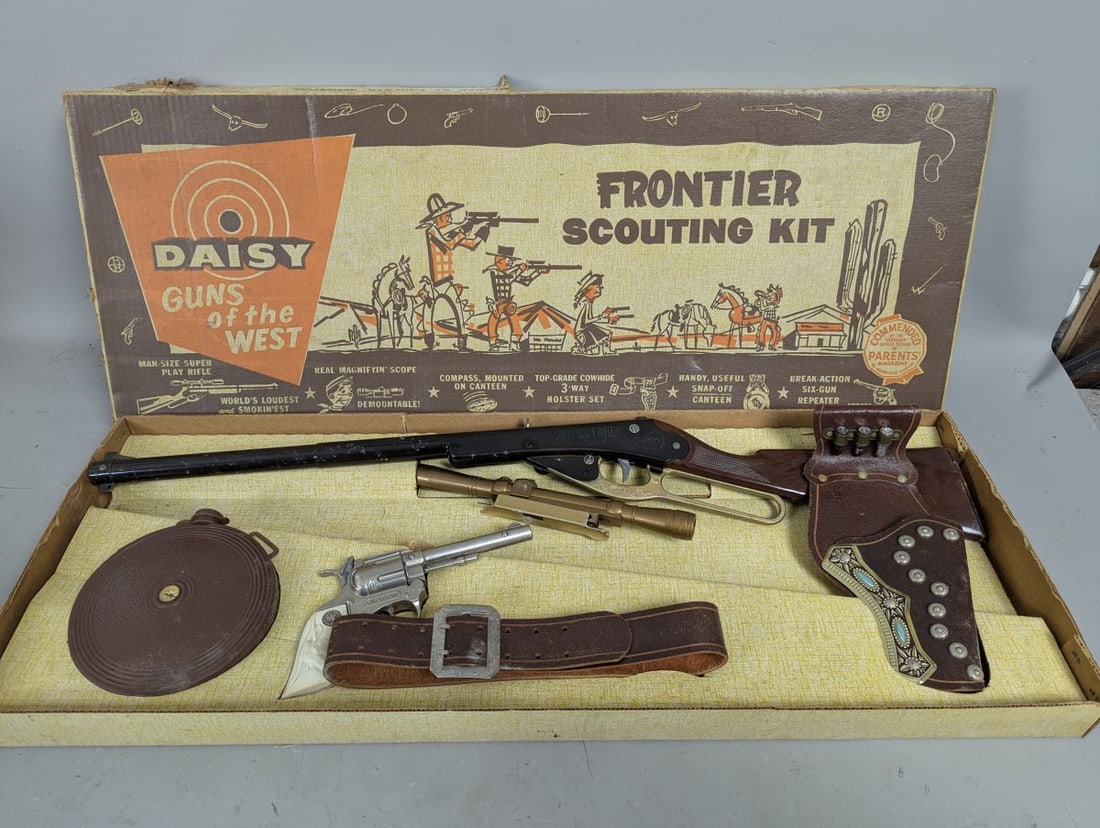 Vintage Daisy Frontier Scouting Kit No. 9692 Classic Western Toy Collectible Set: **Important** Please read below description on how to avoid high shipping costs. Discover the nostalgia of the Wild West with this Vintage Daisy Frontier Scouting Kit! Measuring 32 x 13 x 2 1/2 inches
