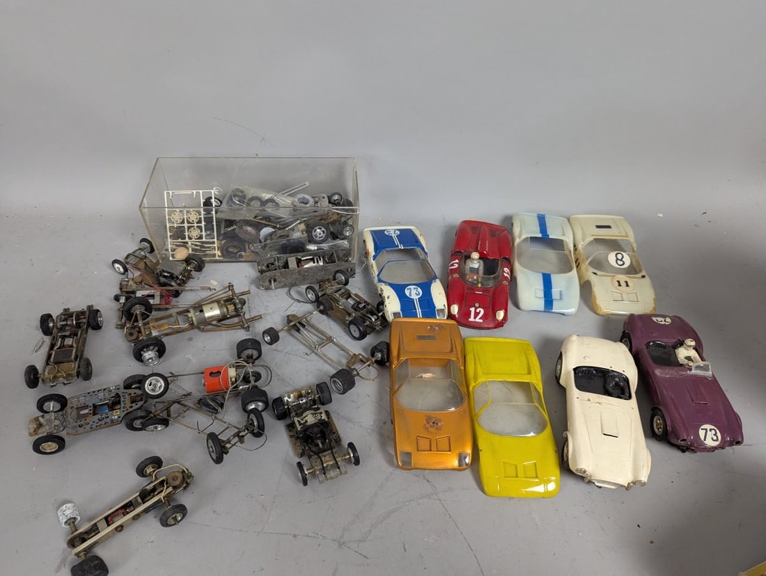 Large Lot Vintage 1960s Slot Cars Parts Project Ford GT40 Ferrari P4 AC Cobra: **Important** Please read below description on how to avoid high shipping costs. This extraordinary collection showcases a large lot of vintage 1960s 1/24 scale slot cars and parts, ideal for