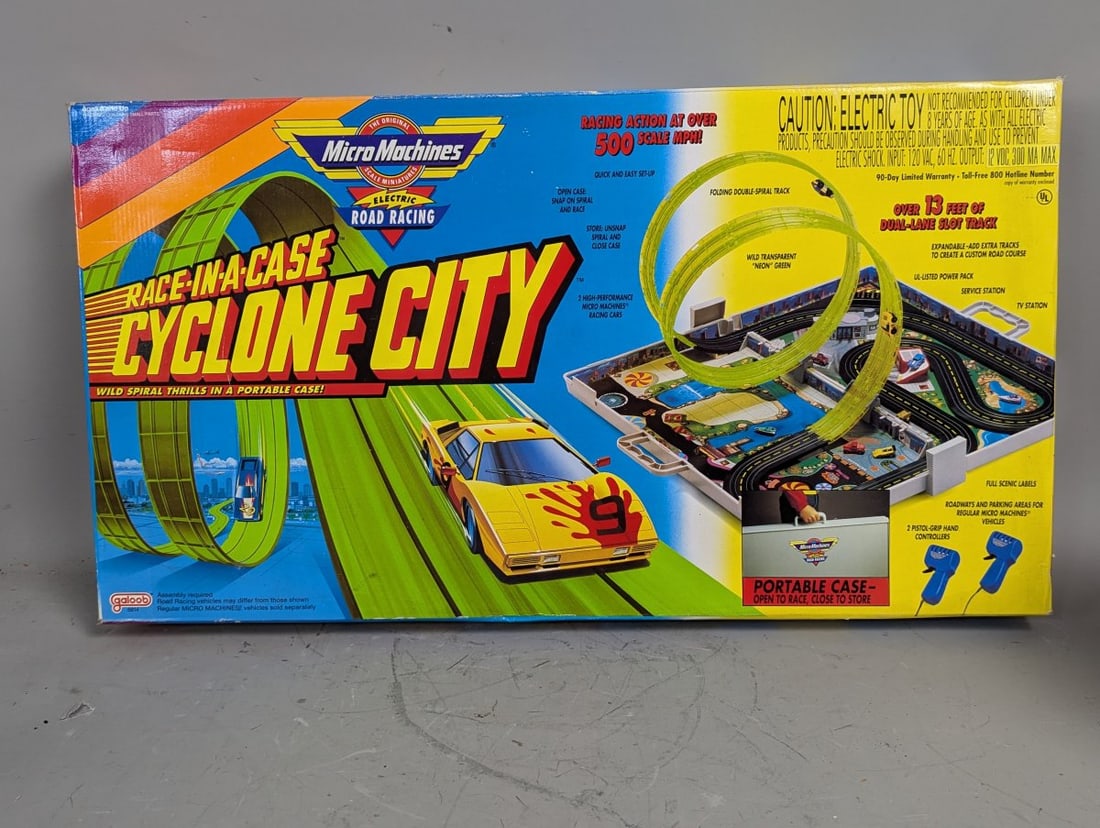 Galoob Micro Machines Cyclone City Playset Race-in-a-Case 1990 Vintage Toy: **Important** Please read below description on how to avoid high shipping costs. Presenting a rare and exciting Galoob Micro Machines Electric Road Racing Race-in-a-Case Cyclone City Playset (No.