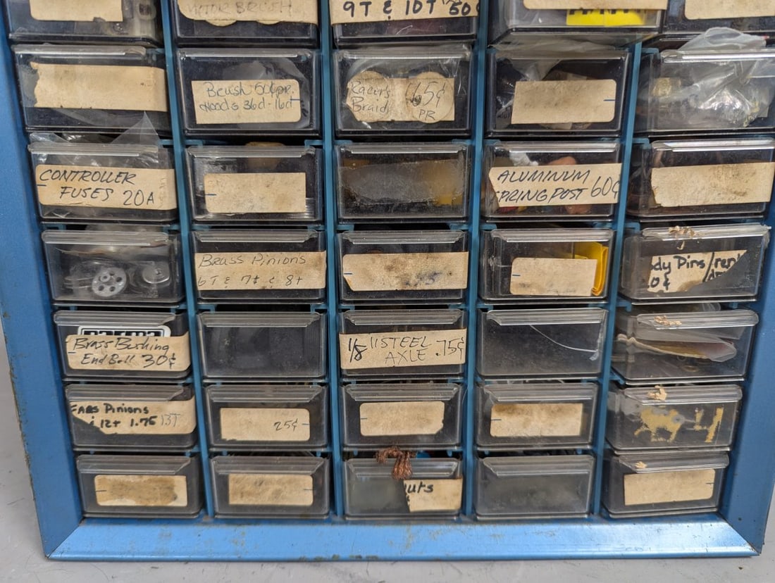 Vintage Metal Parts Cabinet with Extensive Slot Car Parts Collection - Pittman Motors - 5