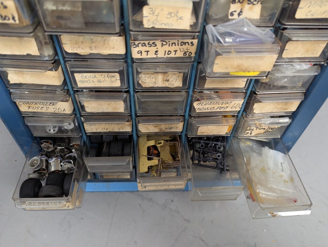 Vintage Metal Parts Cabinet with Extensive Slot Car Parts Collection - Pittman Motors - 6