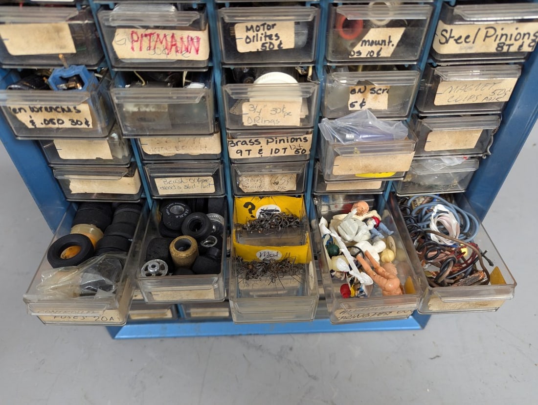 Vintage Metal Parts Cabinet with Extensive Slot Car Parts Collection - Pittman Motors - 7