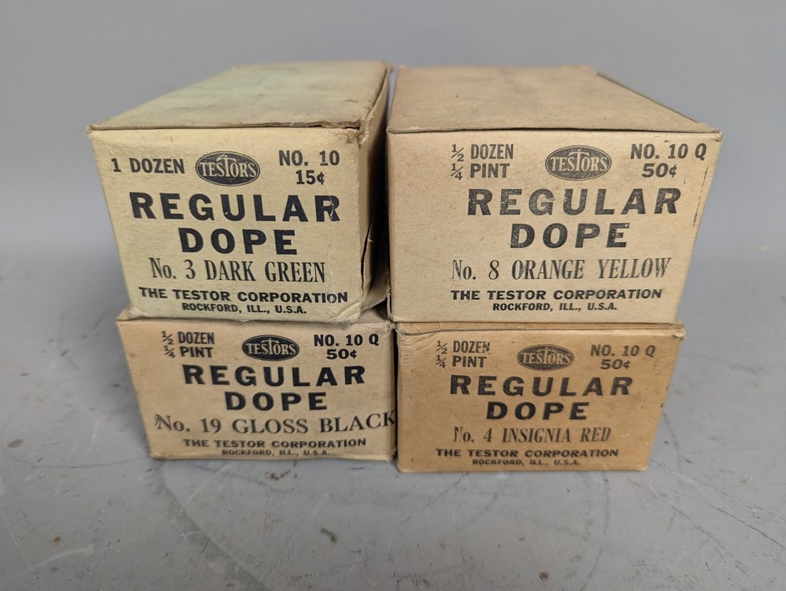 Vintage Testors Regular Dope Paint Collection 1 Dozen and 1/2 Dozen Boxes NOS: **Important** Please read below description on how to avoid high shipping costs. This auction features a collection of four boxes of vintage Testors Regular Dope paint, including Dark Green, Orange Ye