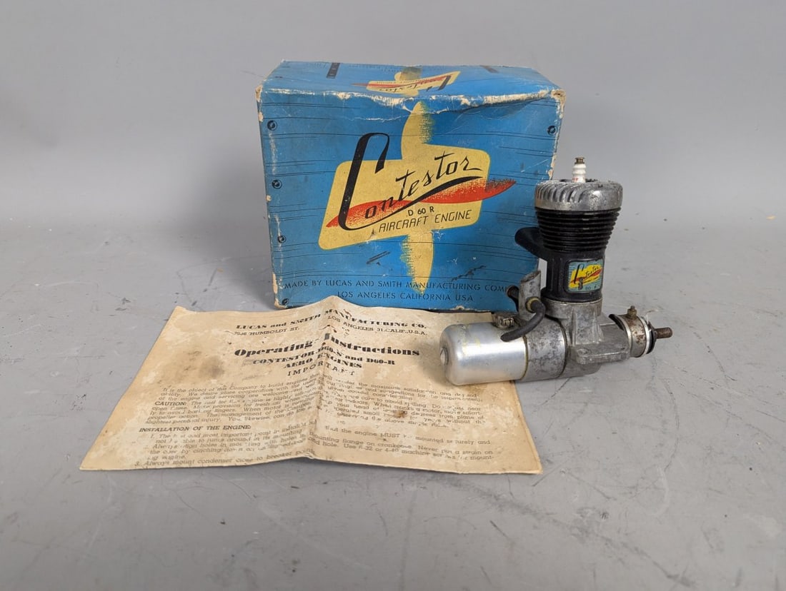 Vintage Contestor D60R Model Aircraft Engine by Lucas and Smith Mfg Co for Collectors: **Important** Please read below description on how to avoid high shipping costs. Explore the world of vintage model aircraft with this Retro Contestor D60R Engine, featuring dimensions of 7 x 6 x 4