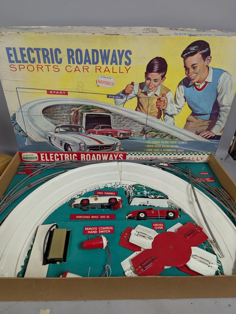Vintage Model Craft Electric Roadways Sports Car Rally Set Ideal 3900-8 Slot Car Racing: **Important** Please read below description on how to avoid high shipping costs. Don't miss this opportunity to own a piece of vintage toy history! This Electric Roadways Sports Car Rally Set by Ideal