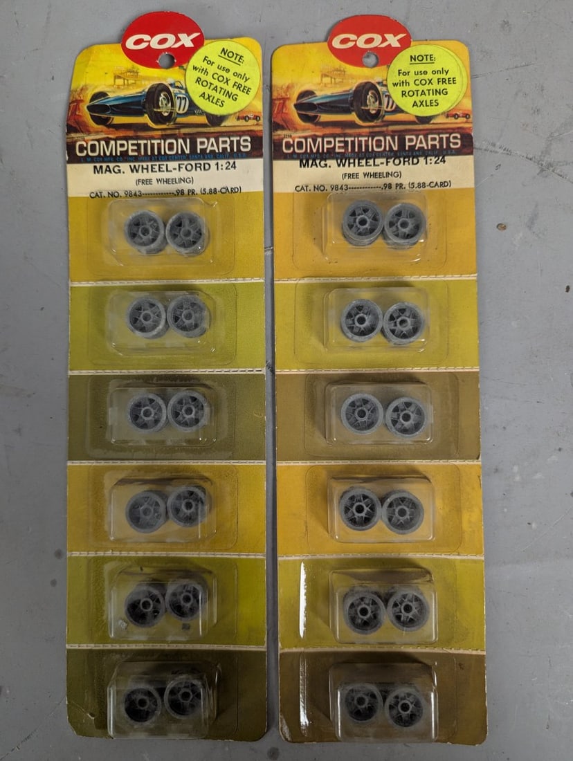 Cox Competition Parts Mag Wheel-Ford 1:24 Cat. No. 9843 NOS Sealed Collector's Items: **Important** Please read below description on how to avoid high shipping costs. Up for auction is a pair of Cox Competition Parts Mag Wheels for 1:24 scale slot cars, specifically Cat. No. 9843.