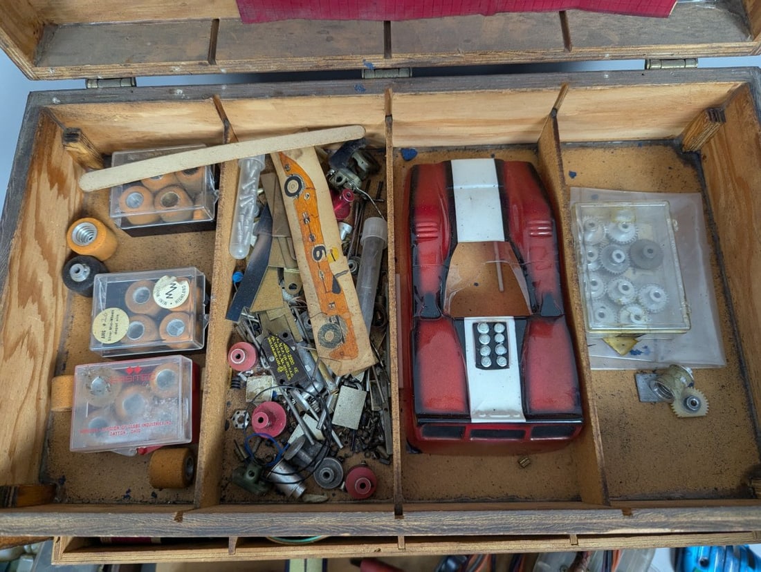 Vintage 1960s-70s Slot Car Pit Box with Large Collection of Parts and Tools - 2