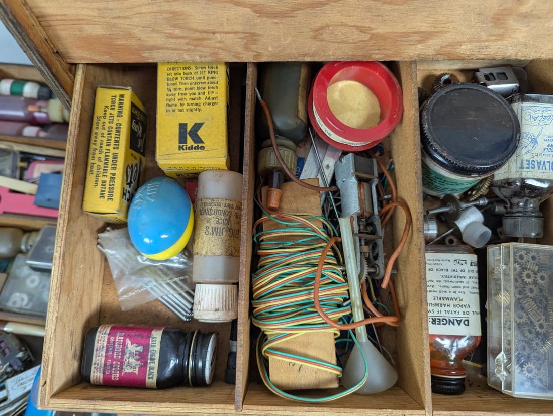 Vintage 1960s-70s Slot Car Pit Box with Large Collection of Parts and Tools - 3