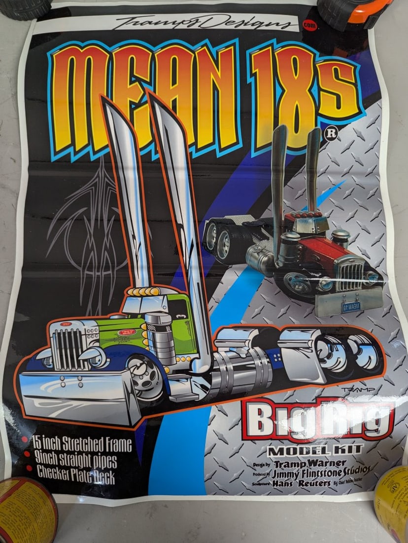 Tramp Warner Mean 18s Big Rig Model Kit Poster Kustom Kulture Art Collectible: **Important** Please read below description on how to avoid high shipping costs. Up for bid is a stunning promotional poster for the 'Mean 18s' resin model kit, designed by the renowned kustom