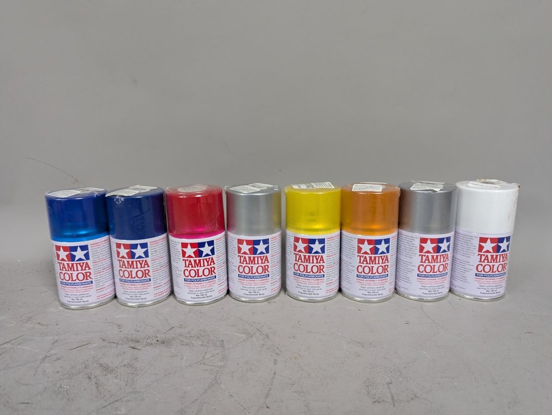 Tamiya Color Polycarbonate Spray Paint Lot of 8 Assorted Colors for RC Models: **Important** Please read below description on how to avoid high shipping costs. Unleash your creativity with this Lot of 8 Tamiya Color Polycarbonate Spray Paint cans, each measuring 4 inches high