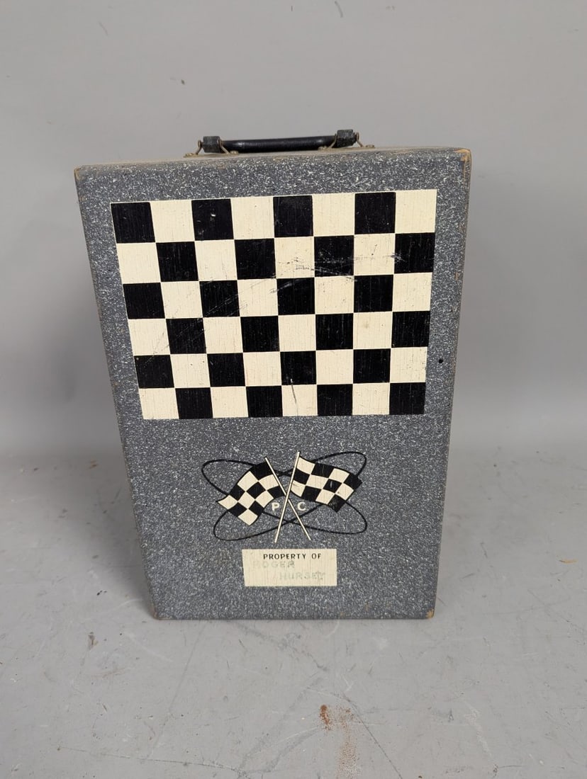 Vintage 1960s Slot Car Pit Box Carrying Case with Checkered Flag Graphic: **Important** Please read below description on how to avoid high shipping costs. This unique Vintage 1960s-Era Slot Car Pit Box / Carrying Case measures 10 x 15 x 10 inches. A must-have for
