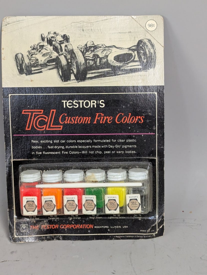 Vintage Testors TCL Custom Fire Colors Slot Car Paint Set by Testor Corporation 1960s NOS: **Important** Please read below description on how to avoid high shipping costs. Up for auction is a Vintage Testor's TCL Custom Fire Colors Slot Car Paint Set (No. 17P). This item measures 10 x 7 x