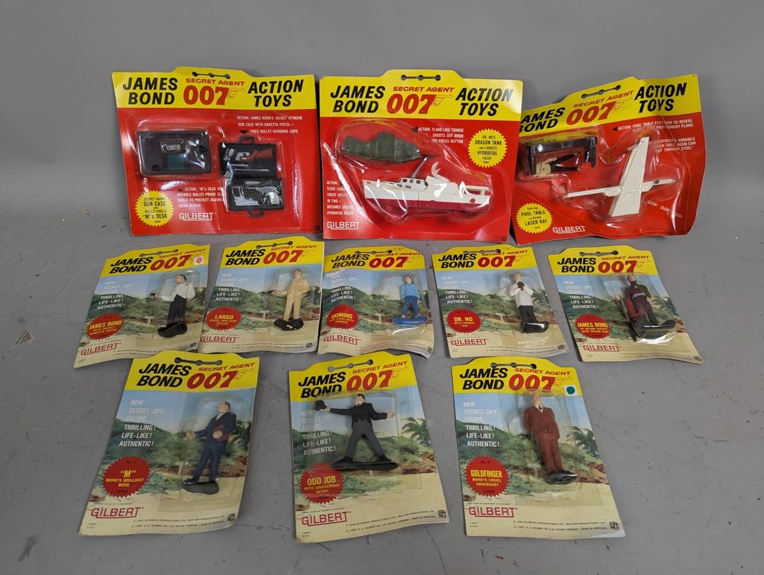 Vintage A.C. Gilbert James Bond 007 Toy Collection New Old Stock Action Figures & Accessories: **Important** Please read below description on how to avoid high shipping costs. Up for auction is a remarkable collection of 11 pieces from the 1965 A.C. Gilbert 'James Bond 007 Secret Agent Action T