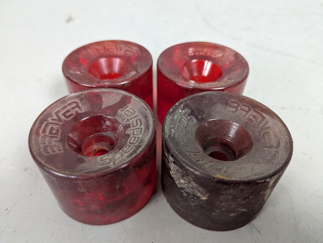 Vintage 1970s Brever Speedster Skateboard Wheels Set of 4 Red Jelly Urethane Wheels: **Important** Please read below description on how to avoid high shipping costs. Explore this authentic set of four Vintage 1970s Brever Speedster Skateboard Wheels. Each wheel measures 3 inches in
