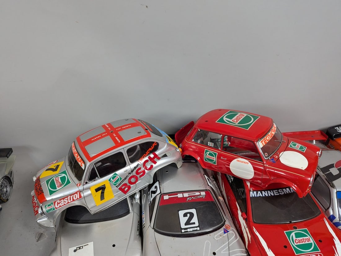 Lot of RC Cars 10 Body Shells Two Chassis Extra Parts Vintage Racing Collectibles - 3