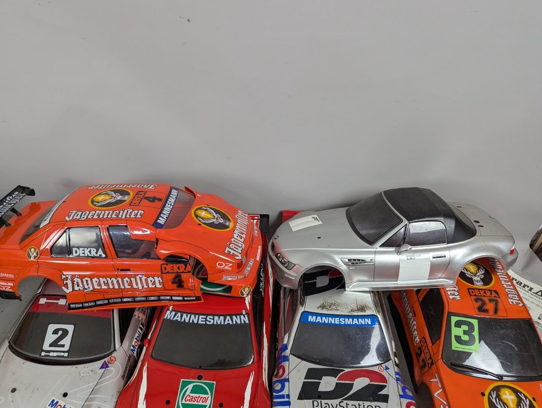Lot of RC Cars 10 Body Shells Two Chassis Extra Parts Vintage Racing Collectibles - 4
