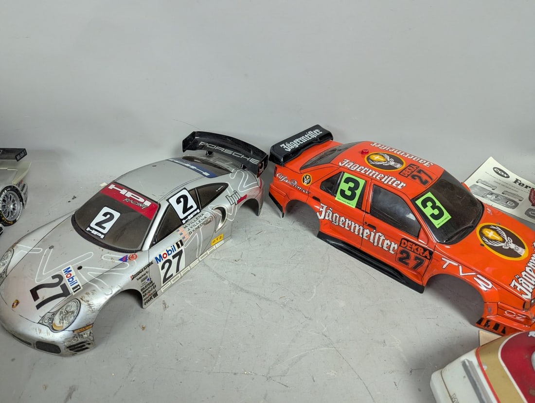 Lot of RC Cars 10 Body Shells Two Chassis Extra Parts Vintage Racing Collectibles - 5