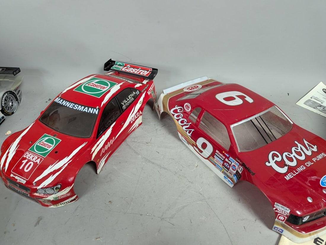 Lot of RC Cars 10 Body Shells Two Chassis Extra Parts Vintage Racing Collectibles - 6