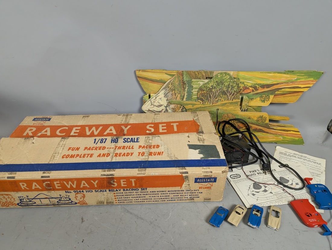 Vintage Allstate HO Scale Relay Racing Set by Lionel Rare Collectible Toy: **Important** Please read below description on how to avoid high shipping costs. This vintage Allstate by Lionel No. 9544 HO Scale Relay Racing Set is being offered as found. The dimensions are 22 x 1