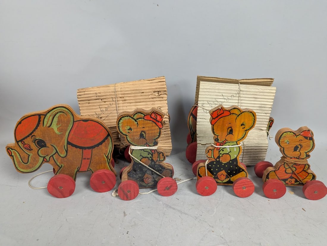 Lot of 6 N.D. Cass Vintage Elephant & Bears Pull Toy New Old Stock Unique Wooden Collectibles: **Important** Please read below description on how to avoid high shipping costs. Up for auction is a remarkable lot with an elephant, three bears featuring two N.D. Cass elephant pull toys, measuring 