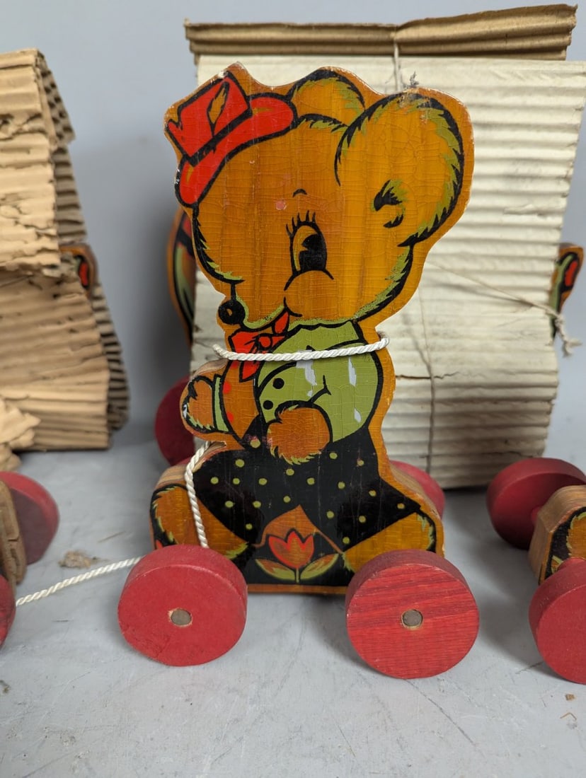Lot of 6 N.D. Cass Vintage Elephant & Bears Pull Toy New Old Stock Unique Wooden Collectibles - 4