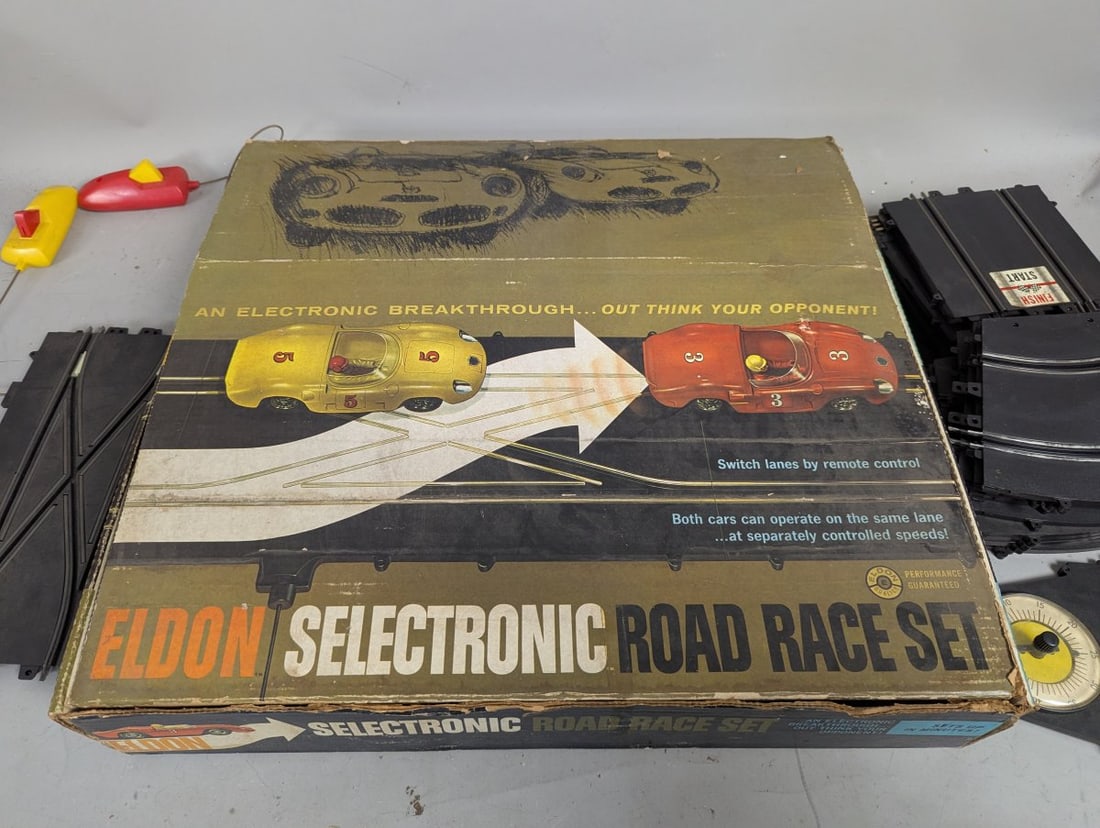 Vintage Eldon Selectronic Road Race Set Incomplete Slot Car Track Components: **Important** Please read below description on how to avoid high shipping costs. Explore this Vintage Eldon Selectronic Road Race Set, featuring unique track pieces like the 'Selectronic'