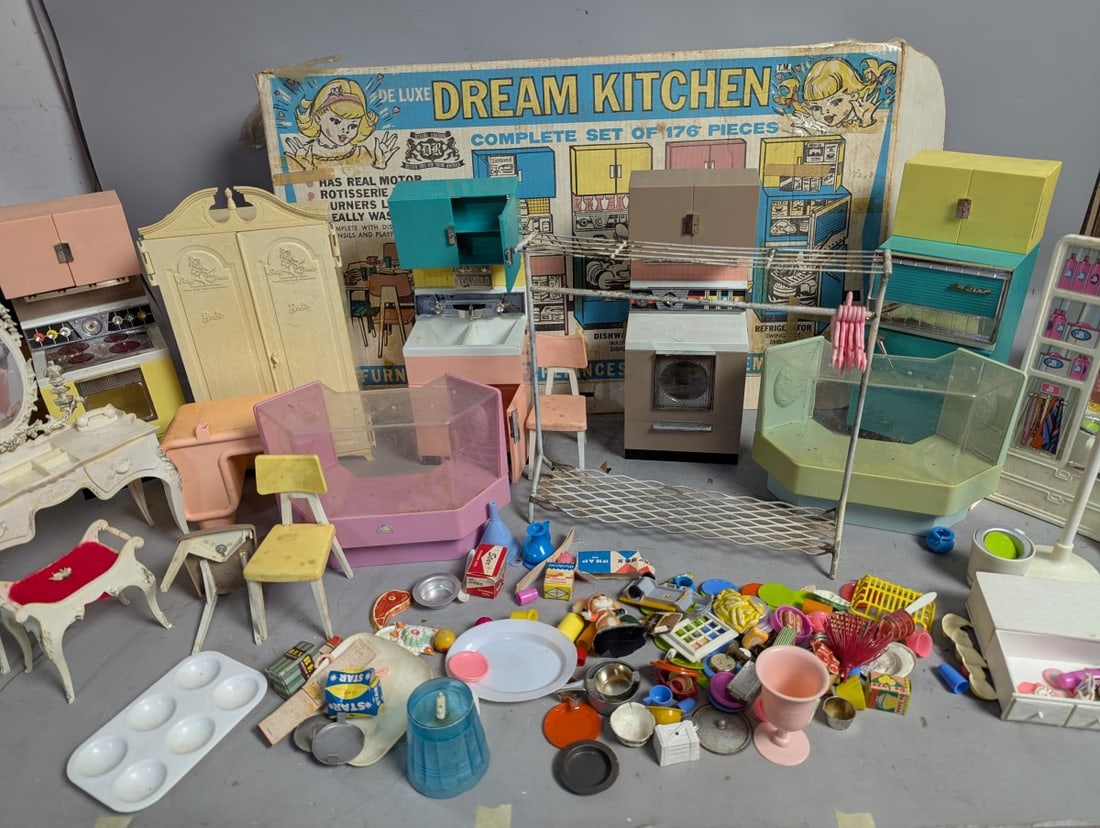 Large Collection of Vintage 1960s-70s Doll Furniture Mattel Barbie Deluxe Reading: **Important** Please read below description on how to avoid high shipping costs. Explore this enticing large collection of vintage 1960s-70s doll furniture and accessories, perfect for enthusiasts and