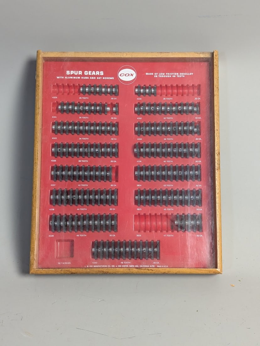 Vintage Cox Spur Gears Retail Display Case for Slot Car Collectors: **Important** Please read below description on how to avoid high shipping costs. This captivating vintage display measures 13 x 11 x 2 inches and is a must-have for hobbyists. Designed by L. M. Cox
