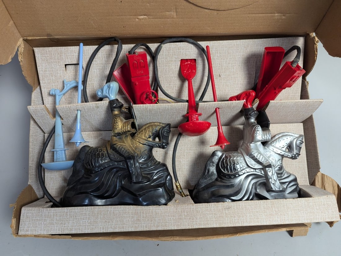 Vintage Andy Gard Remote Control Tournament Knights Toy Set No. 142 Collectible: **Important** Please read below description on how to avoid high shipping costs. This vintage Andy Gard Remote Control Tournament Knights Toy Set No. 142 is a unique collectible from the mid-20th cent
