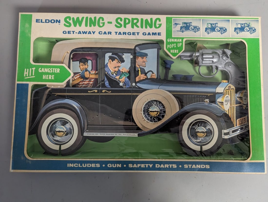Eldon Swing-Spring Get-Away Car Target Game 2910 Vintage Toy Collectible 1963 NOS: **Important** Please read below description on how to avoid high shipping costs. Up for auction is the Eldon Swing-Spring Get-Away Car Target Game, Stock No. 2910. This piece is categorized as New old