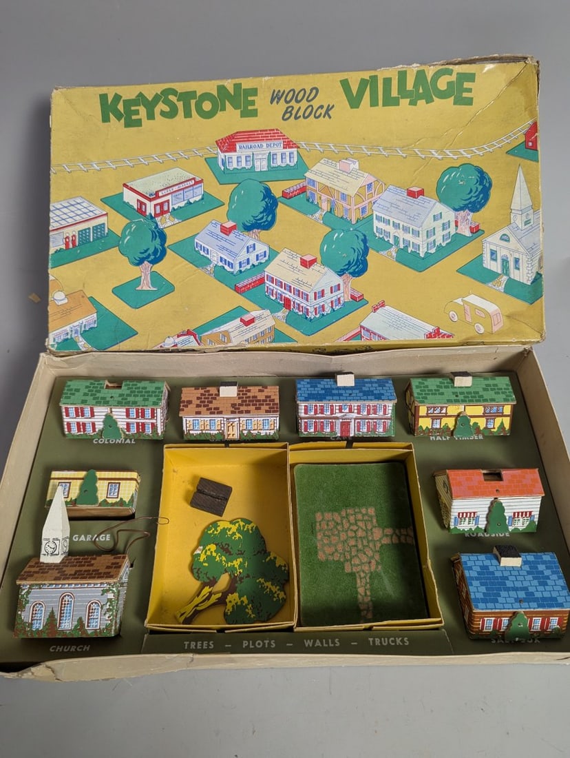 Vintage Keystone Wood Block Village Model 712 Rare Collectible Toy Set with Box (1 of 7)