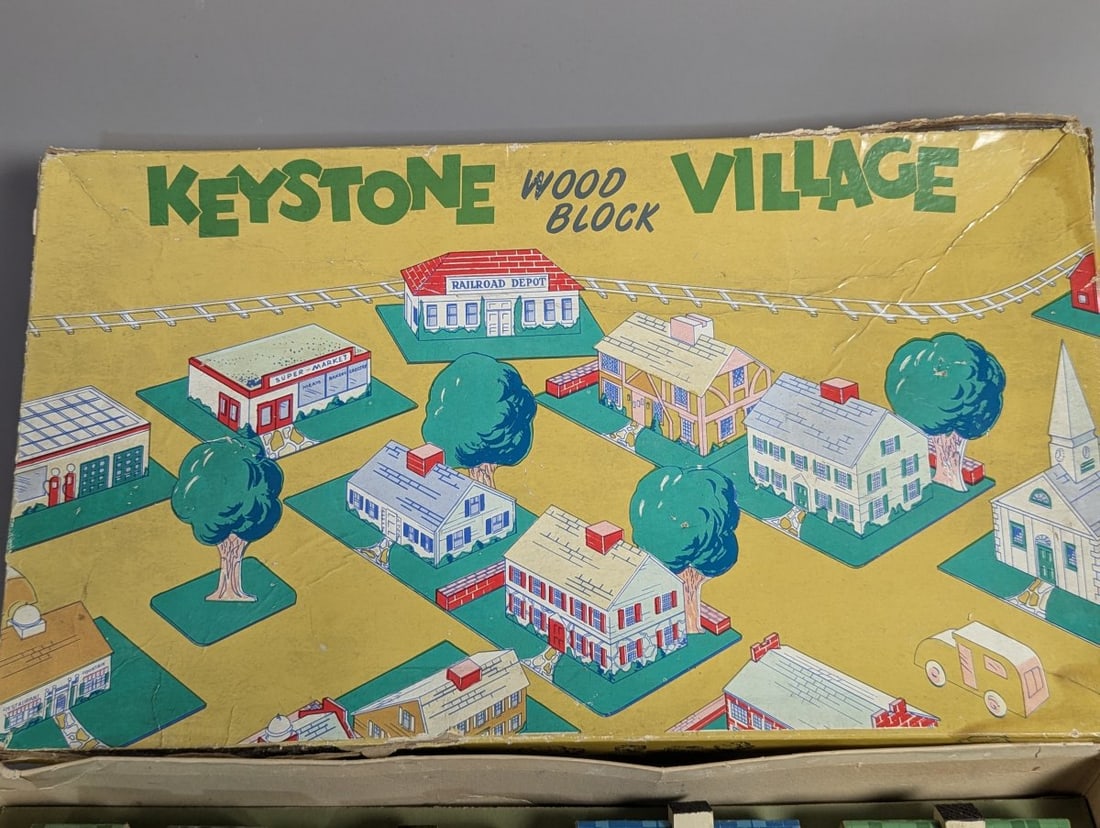 Vintage Keystone Wood Block Village Model 712 Rare Collectible Toy Set with Box - 2