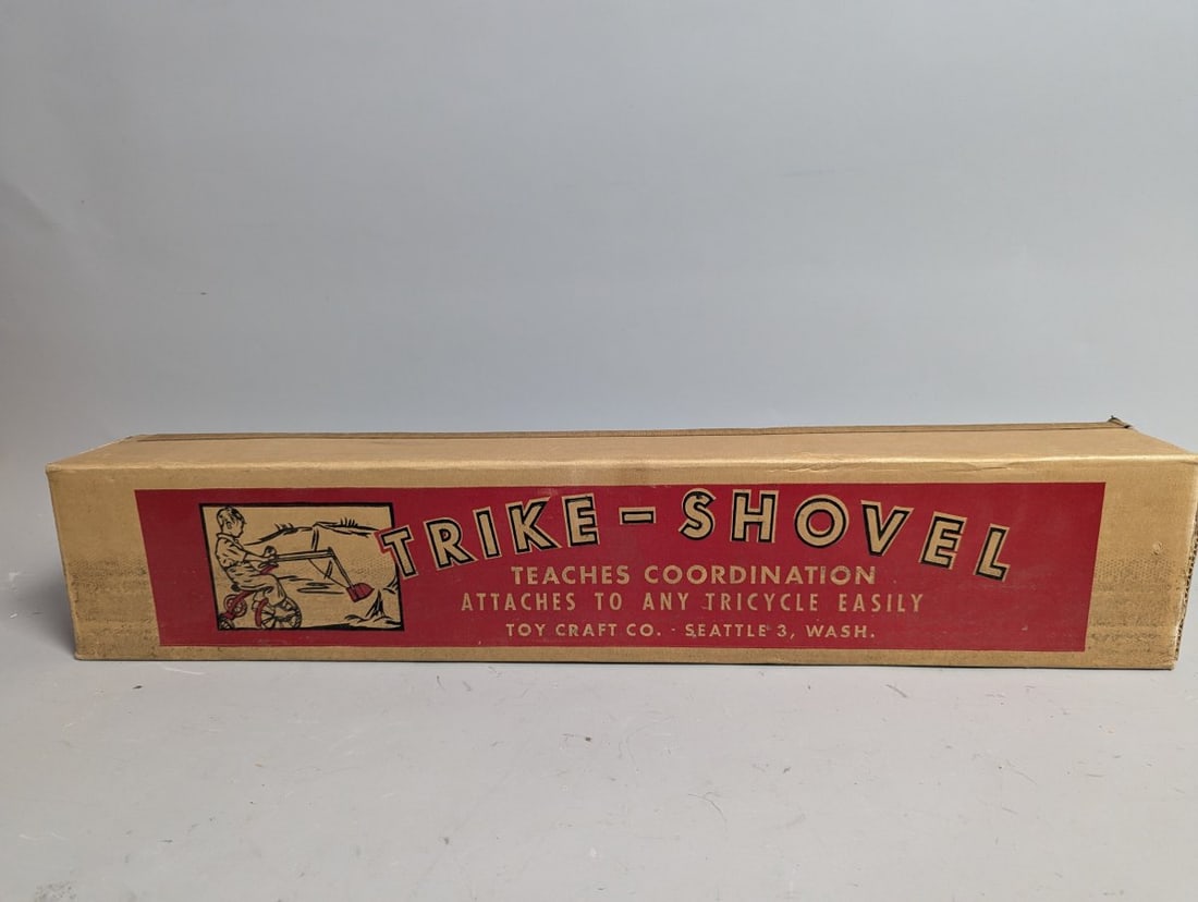 Vintage Toy Craft Co Trike-Shovel Tricycle Attachment NOS Sealed in Box Collectible Toy: **Important** Please read below description on how to avoid high shipping costs. Presenting a rare opportunity to own a Vintage Toy Craft Co. Trike-Shovel Tricycle Attachment. At dimensions of 26 x 4