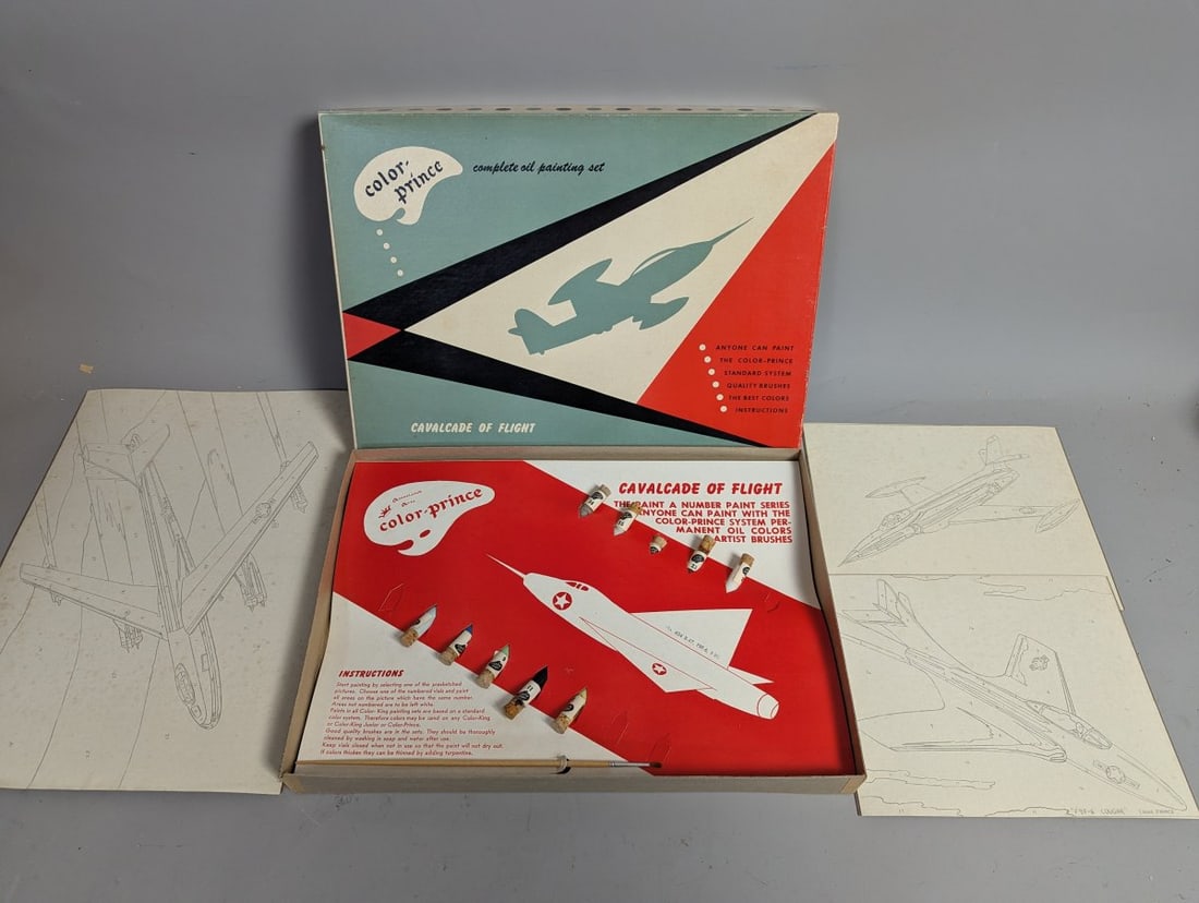 Vintage Color-Prince Cavalcade of Flight Paint By Numbers Kit Complete Oil Painting Set: **Important** Please read below description on how to avoid high shipping costs. Unlock your creative potential with this vintage 17 x 12 x 1 1/2 Paint by Numbers kit! Featuring a striking mid-century