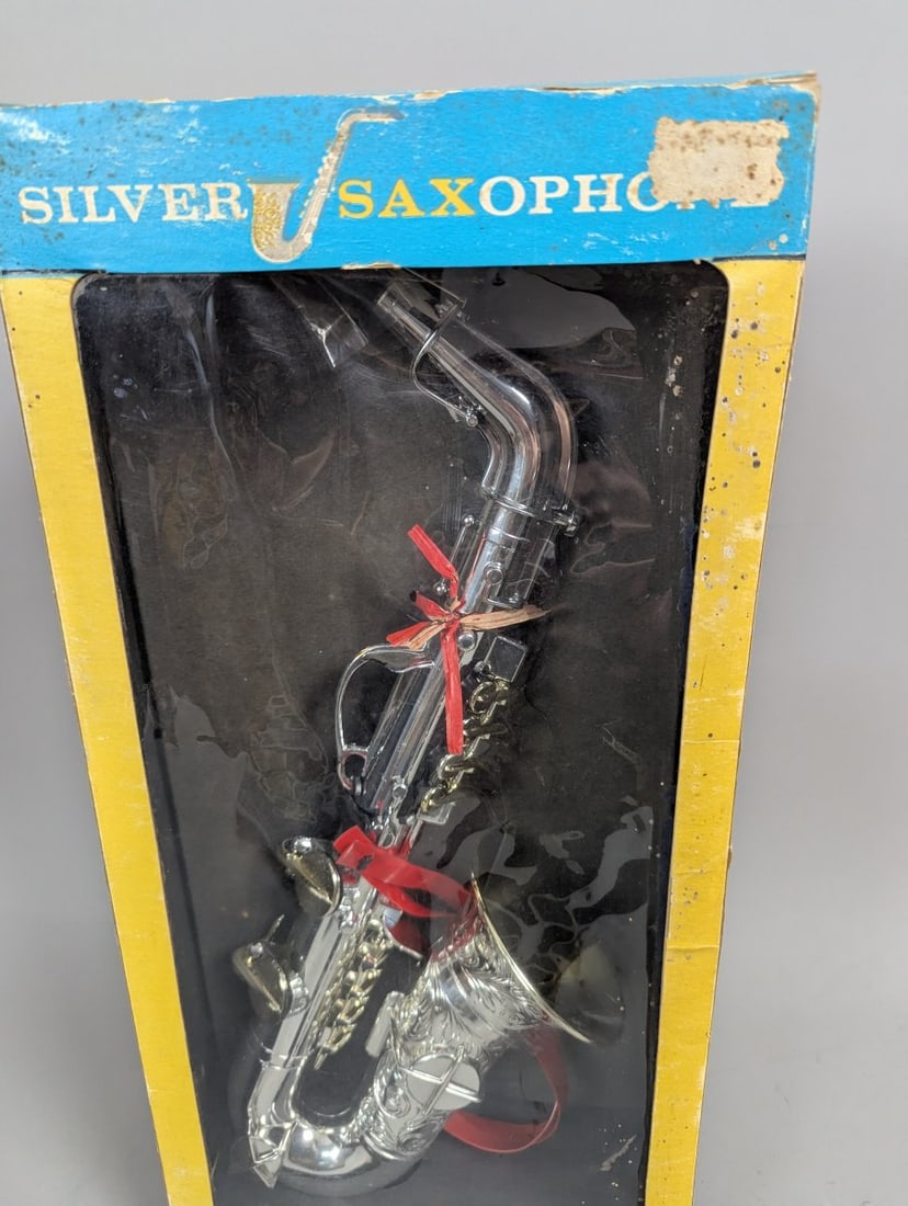 Vintage Emenee Silver Saxophone Toy Musical Instrument in Original Box Collectible - 2