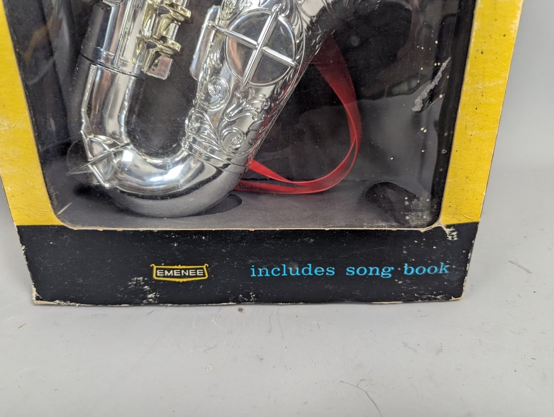 Vintage Emenee Silver Saxophone Toy Musical Instrument in Original Box Collectible - 4