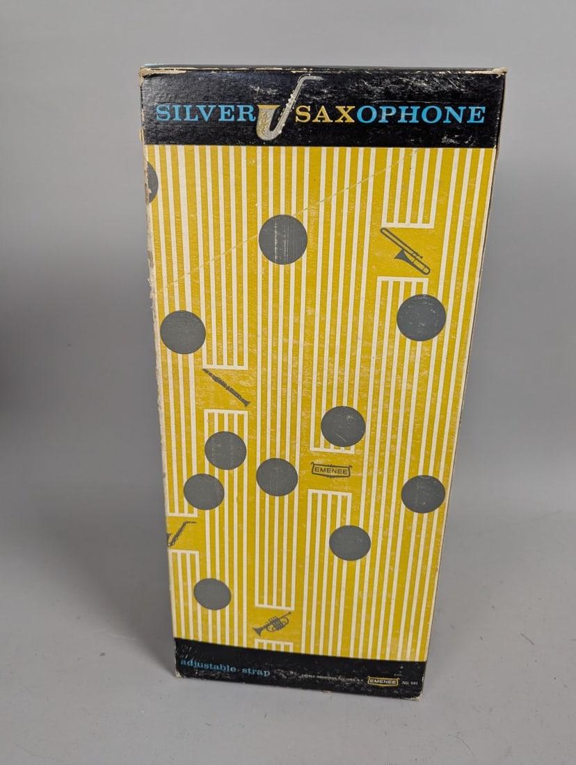Vintage Emenee Silver Saxophone Toy Musical Instrument in Original Box Collectible - 6