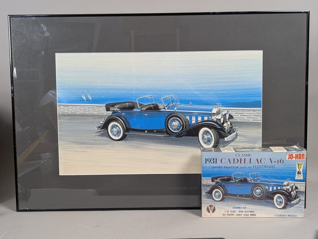 Jo-Han 1931 Cadillac V-16 Box Art Painting and Model Kit Unique Collector's Set: **Important** Please read below description on how to avoid high shipping costs. Presenting a remarkable collector's lot featuring the original production artwork for the Jo-Han 1931 Cadillac V-16