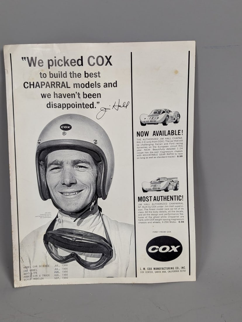 1966 Cox Chaparral Slot Car Models Advertisement Featuring Jim Hall: **Important** Please read below description on how to avoid high shipping costs. Explore this rare 1966 magazine advertisement for Cox Chaparral Slot Cars, measuring 10 x 13 1/4 inches. This