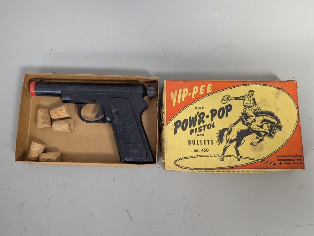 Vintage 1949 Kelmar Pow'r Pop Cork Pistol Toy with Original Box and Accessories: **Important** Please read below description on how to avoid high shipping costs. You're bidding on a rare Vintage 1949 Kelmar/Popperette Pow'r-Pop Cork Pistol No. 450, complete with its original box a