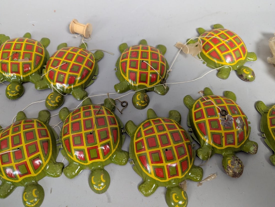 Vintage Tin Lithograph Turtle Pull-String Noisemaker Toys Lot of 12 New Old Stock - 3