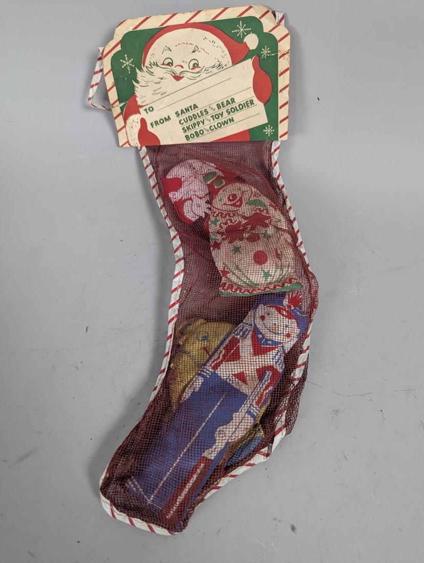 Vintage Mid-Century Christmas Stocking with Toys Cuddles Skippy Bobo Nostalgic DÃ©cor: **Important** Please read below description on how to avoid high shipping costs. Celebrate the festive spirit with this charming Vintage Mid-Century Mesh Christmas Stocking, measuring dimensions of 16