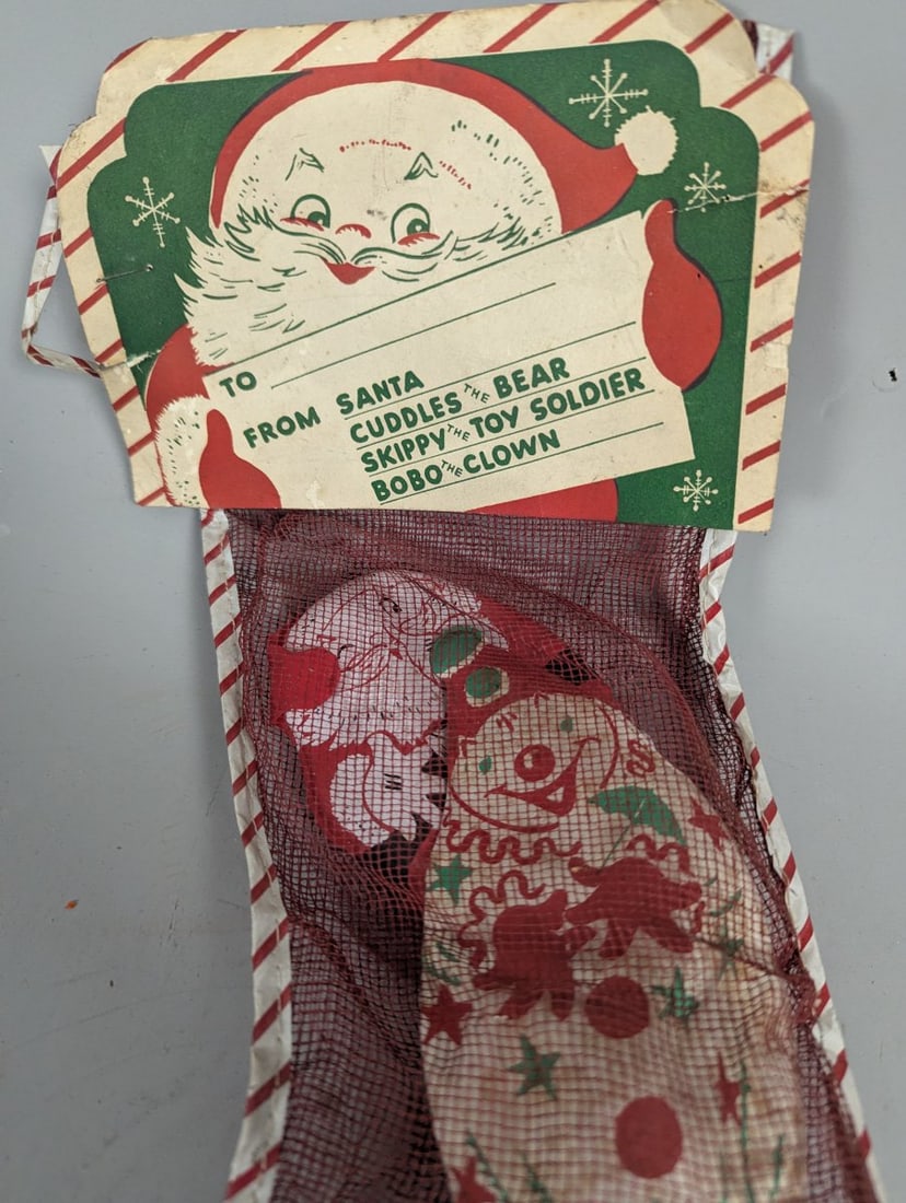 Vintage Mid-Century Christmas Stocking with Toys Cuddles Skippy Bobo Nostalgic DÃ©cor - 2